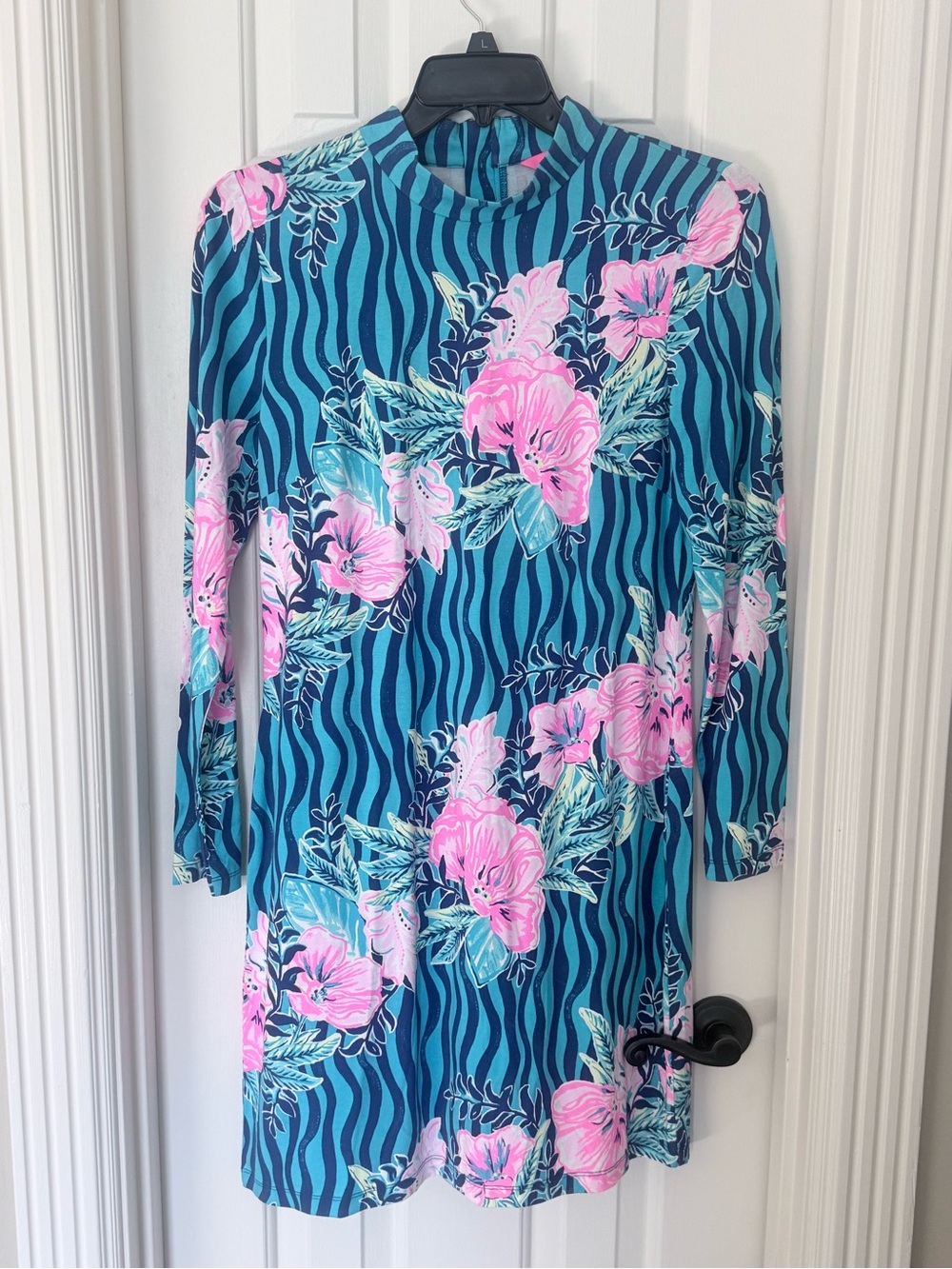 Lilly Pulitzer Teal Wave Floral Long-Sleeve Shift Dress